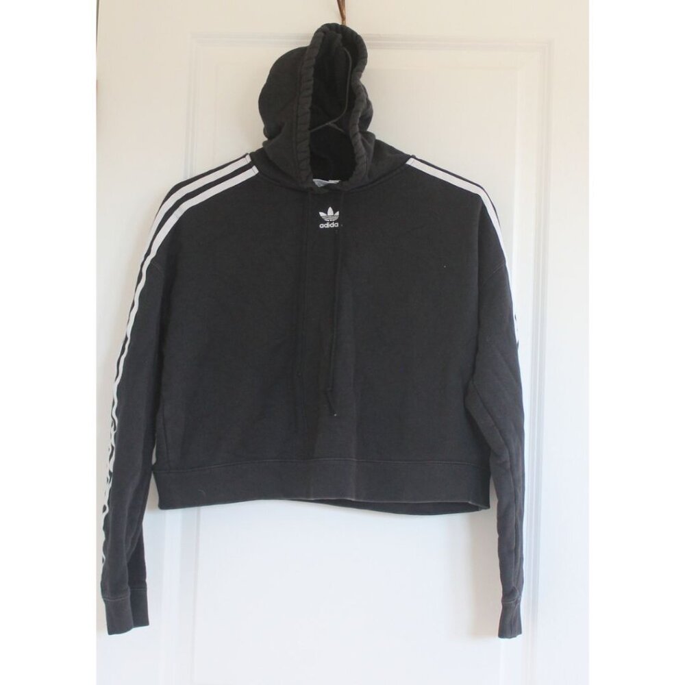 Adidas Pullover Cropped Hoodie Sweatshirt Women's S  Retro Spellout Logo Black